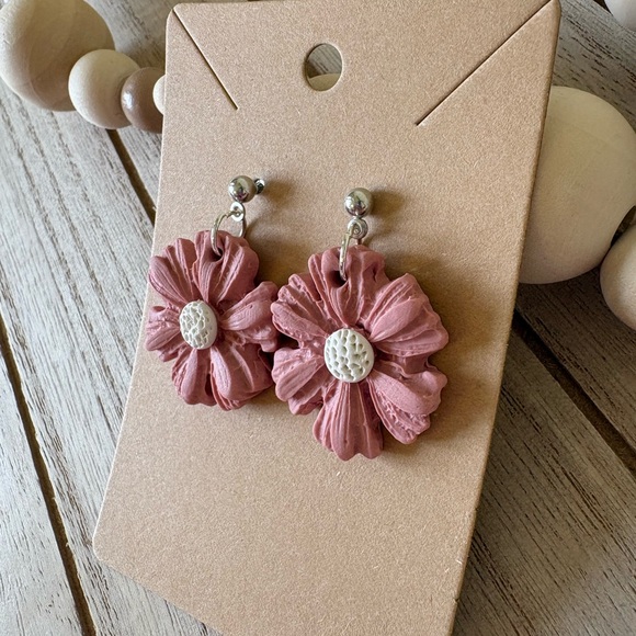 Handmade Pink Floral Statement Earrings with Textured Beads - Picture 5 of 7